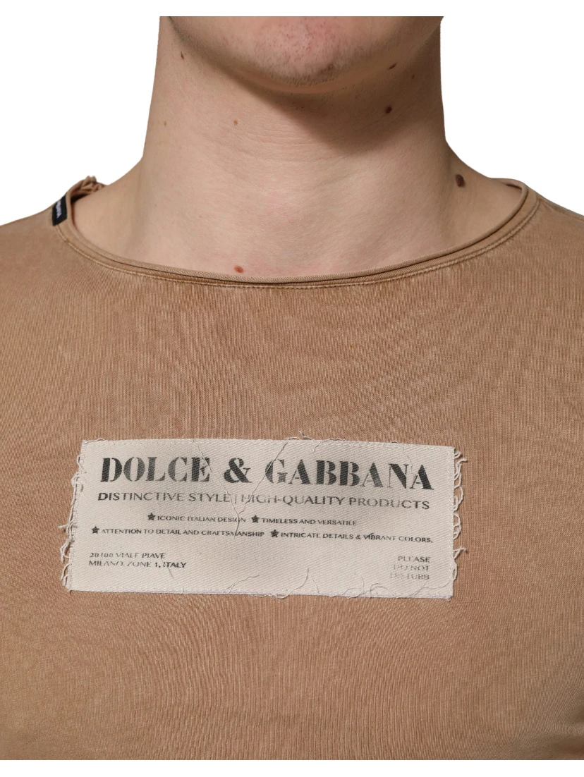 Brown Cotton Logo Patch Round Neck T-shirt