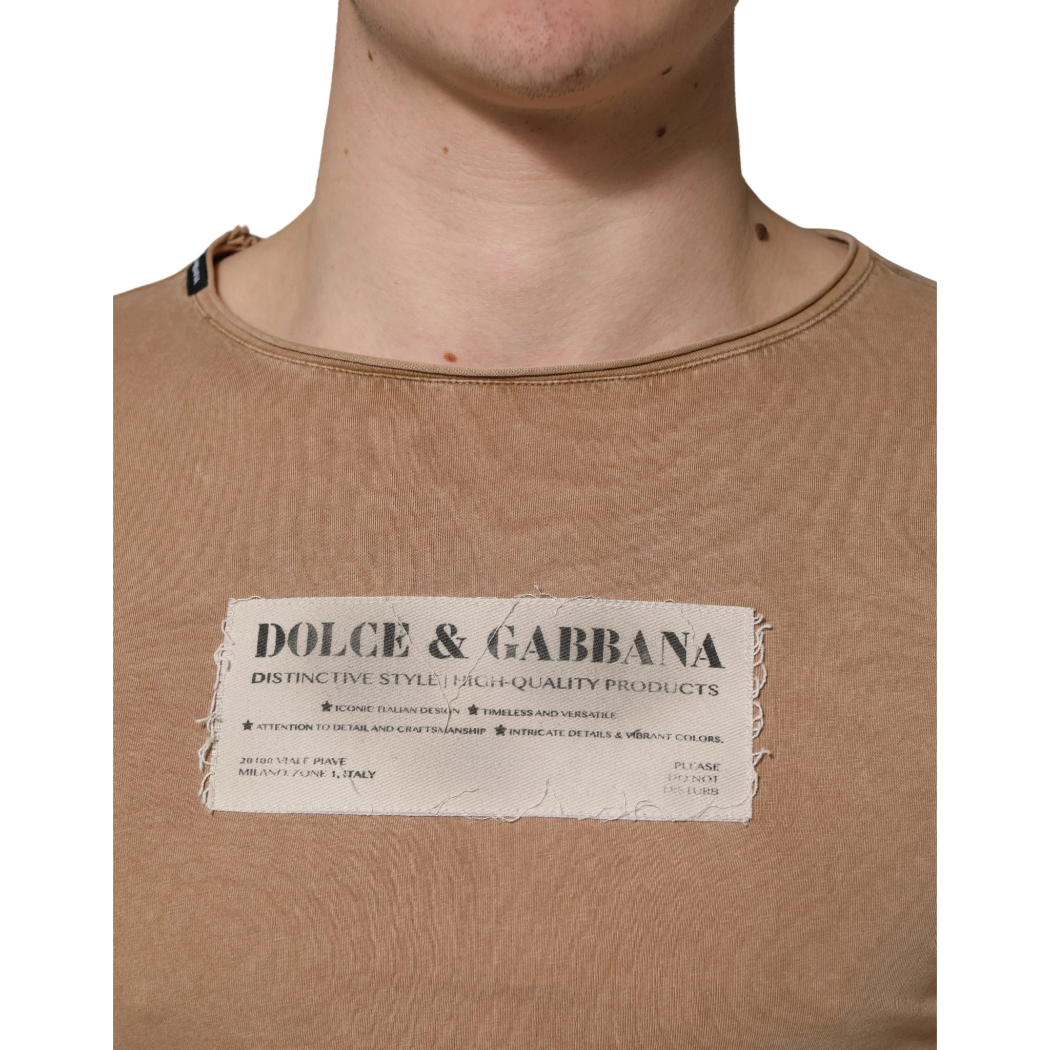 Brown Cotton Logo Patch Round Neck T-shirt