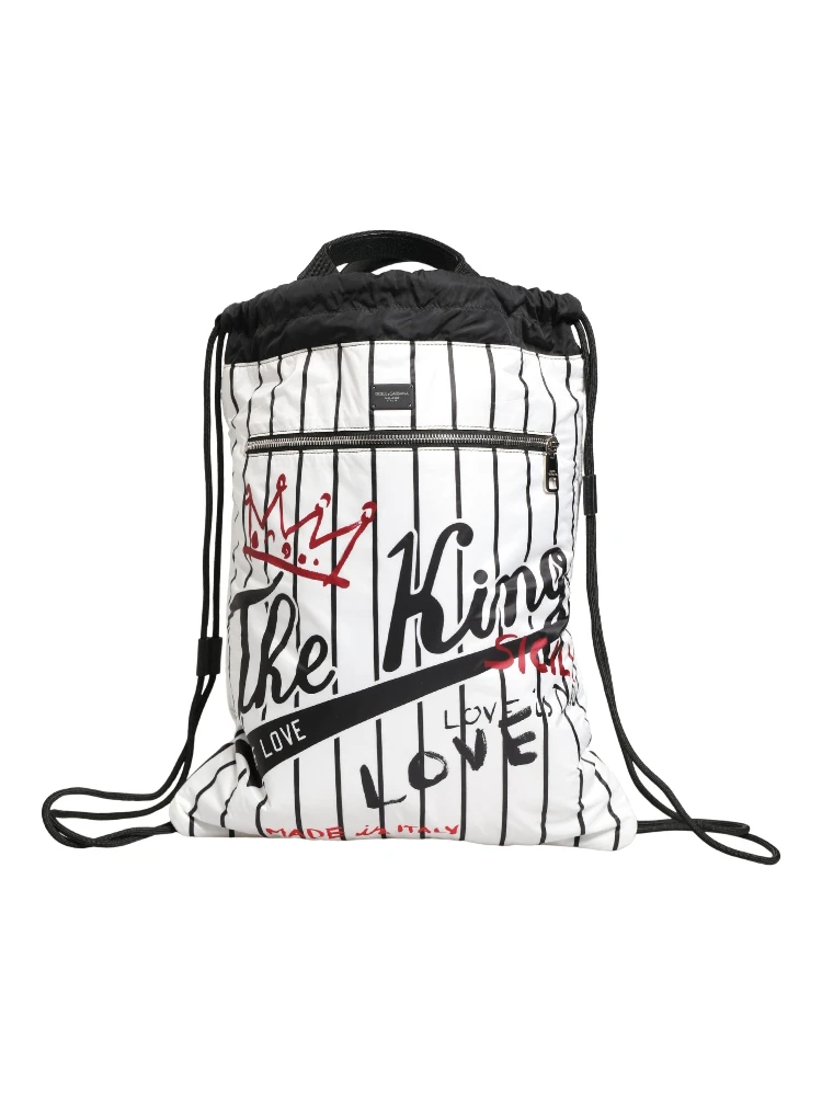 Black White Striped Polyester Drawstring Backpack Men Bag alternative