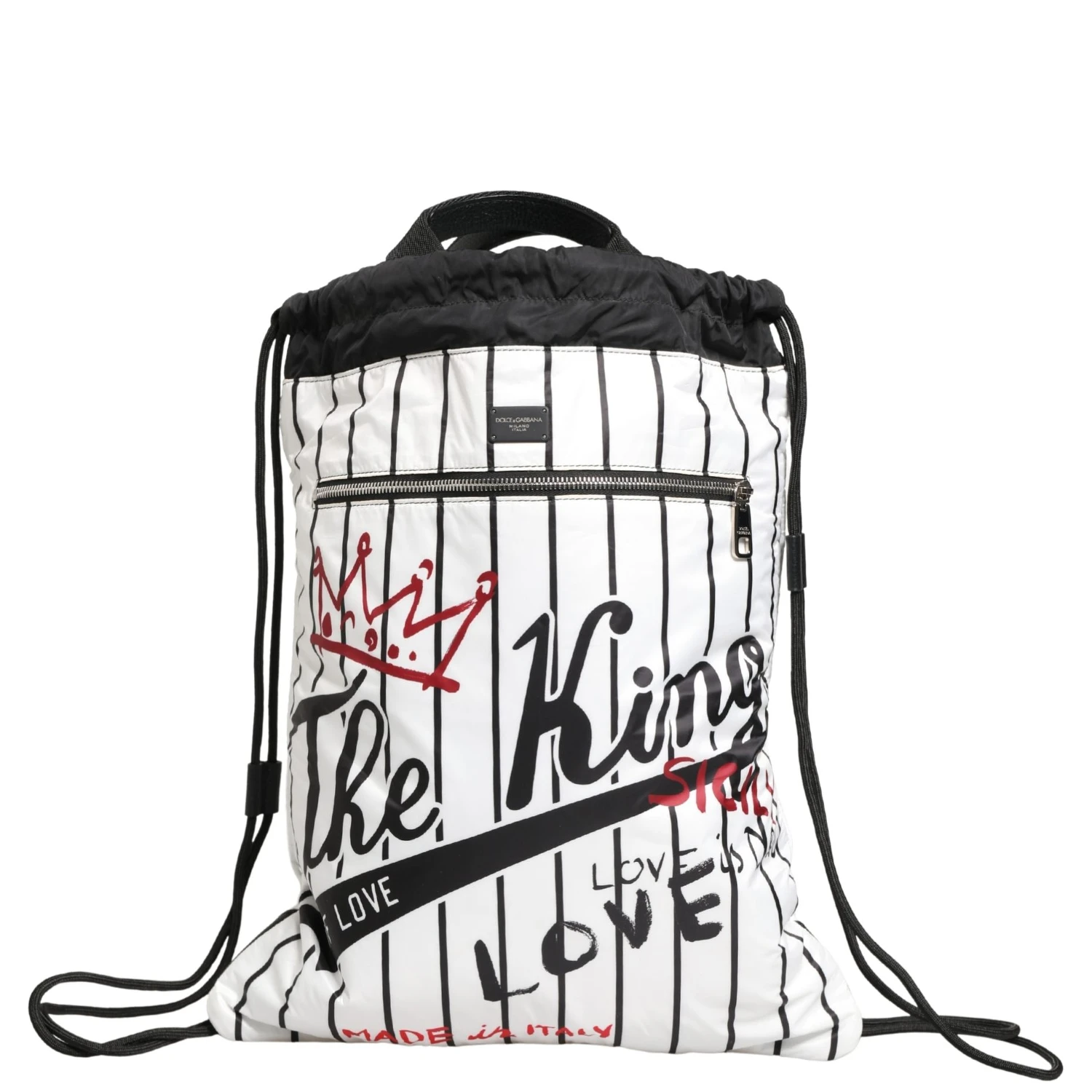 Black White Striped Polyester Drawstring Backpack Men Bag