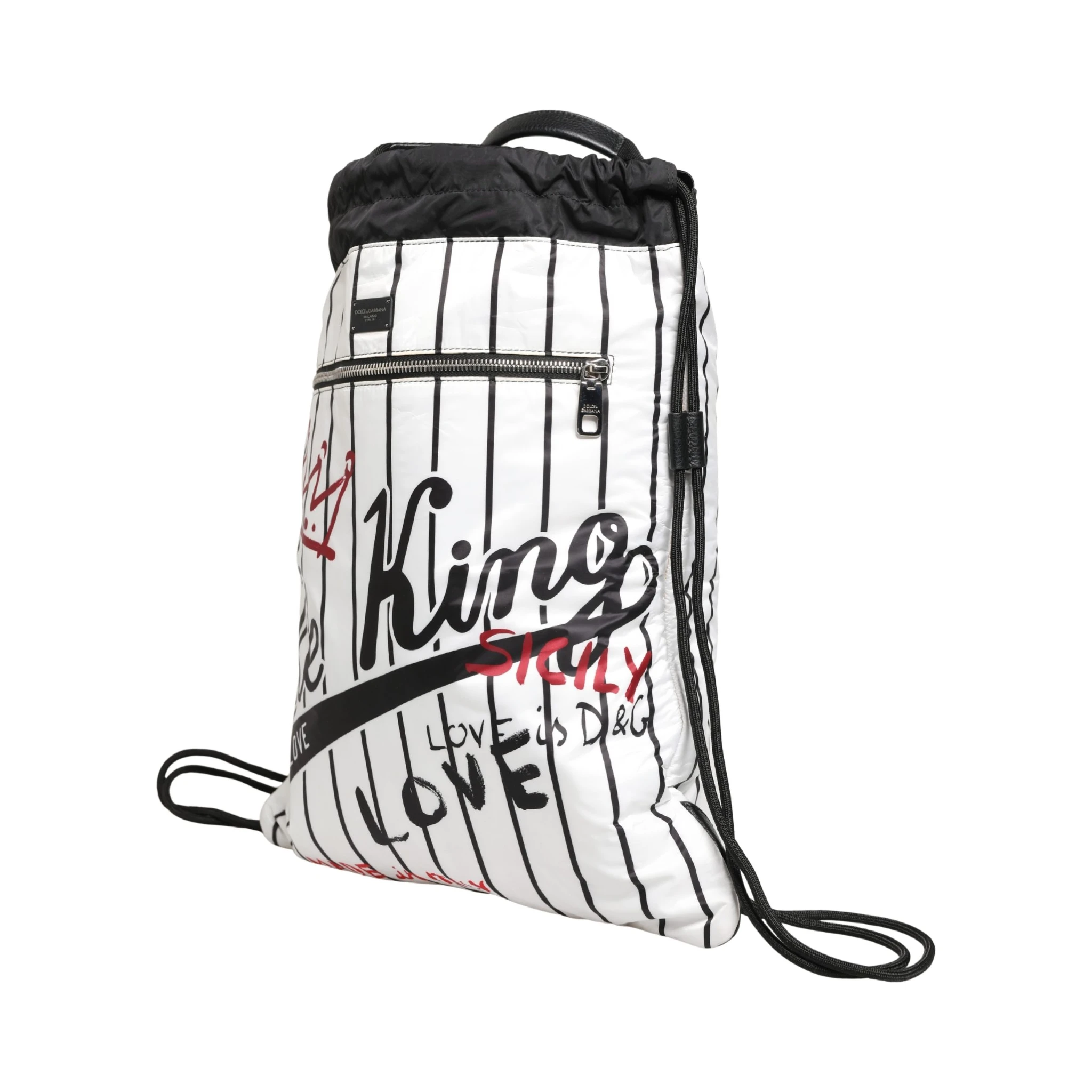 Black White Striped Polyester Drawstring Backpack Men Bag