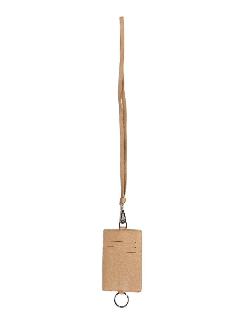 Beige Leather Logo Embossed Lanyard Card Holder Wallet