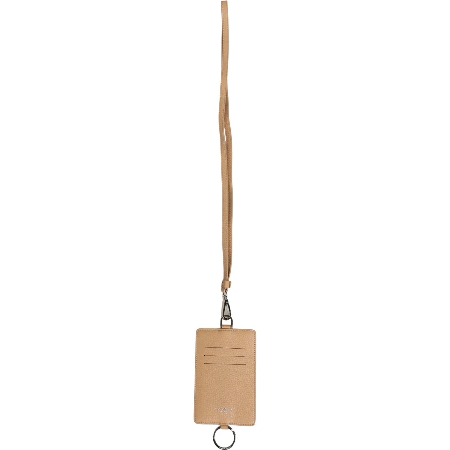 Beige Leather Logo Embossed Lanyard Card Holder Wallet