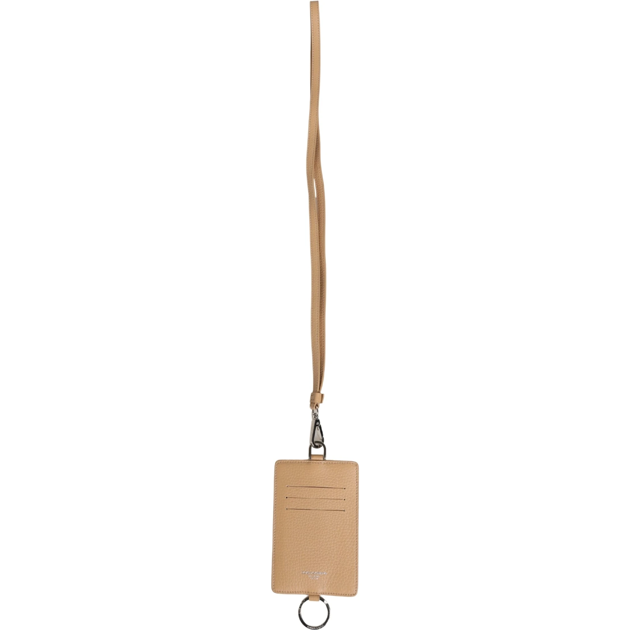 Beige Leather Logo Embossed Lanyard Card Holder Wallet