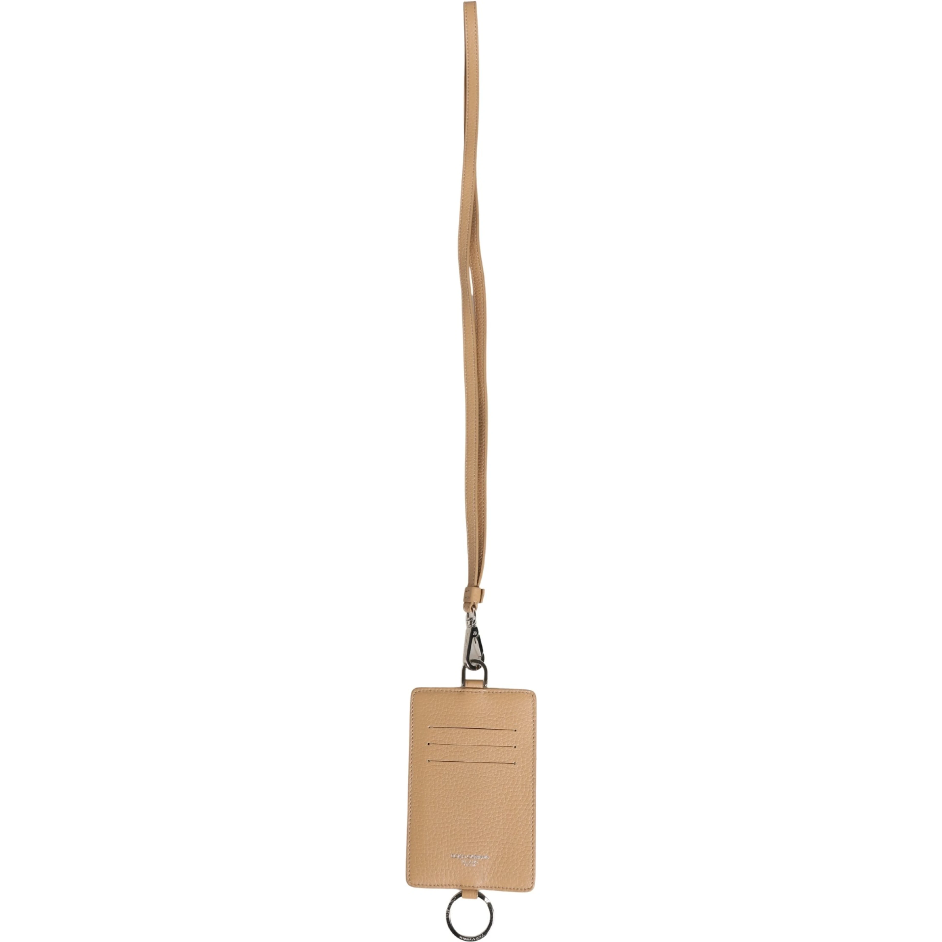 Beige Leather Logo Embossed Lanyard Card Holder Wallet