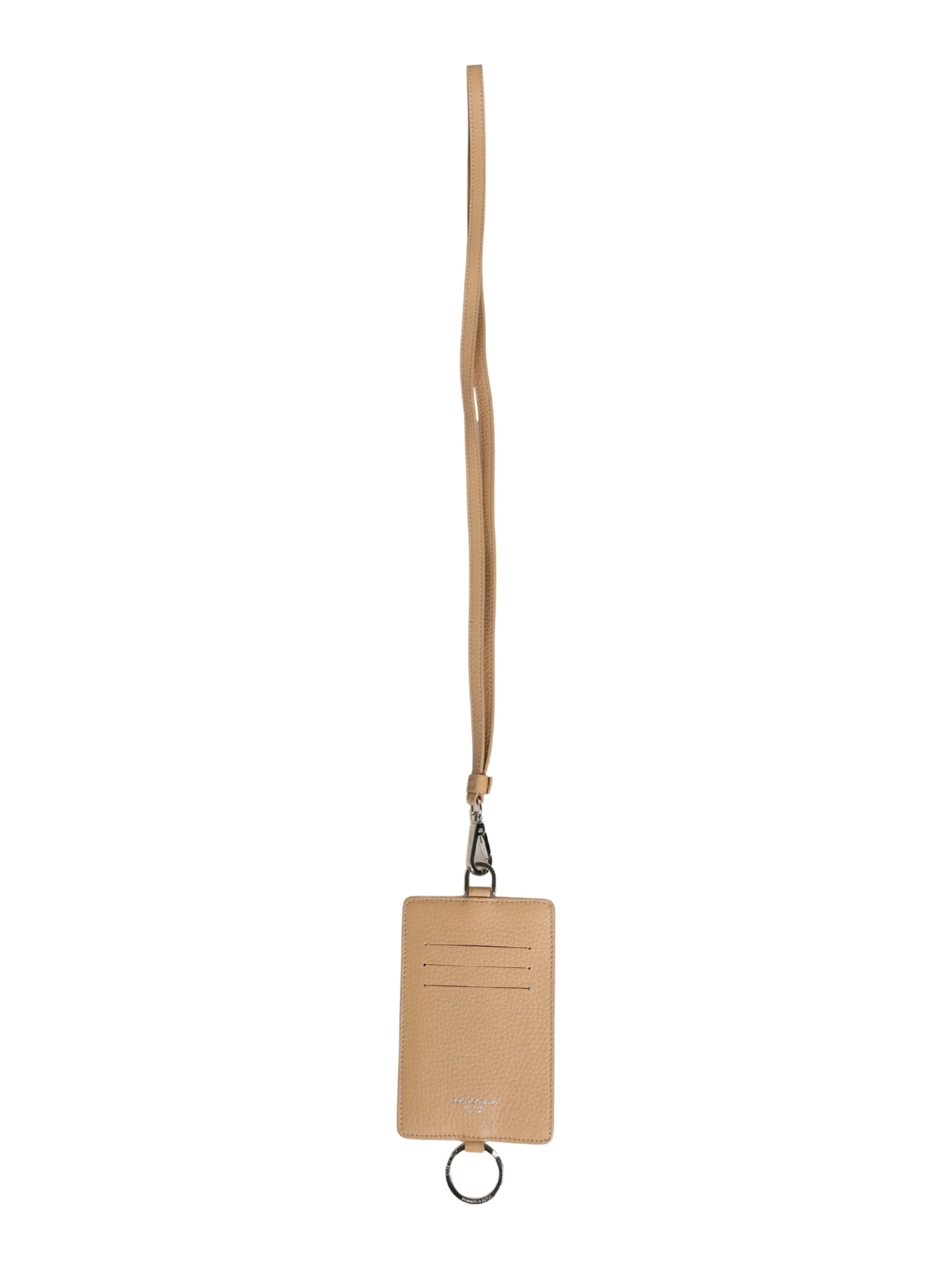Beige Leather Logo Embossed Lanyard Card Holder Wallet