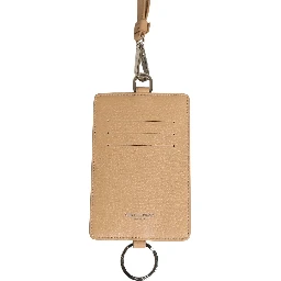 Beige Leather Logo Embossed Lanyard Card Holder Wallet