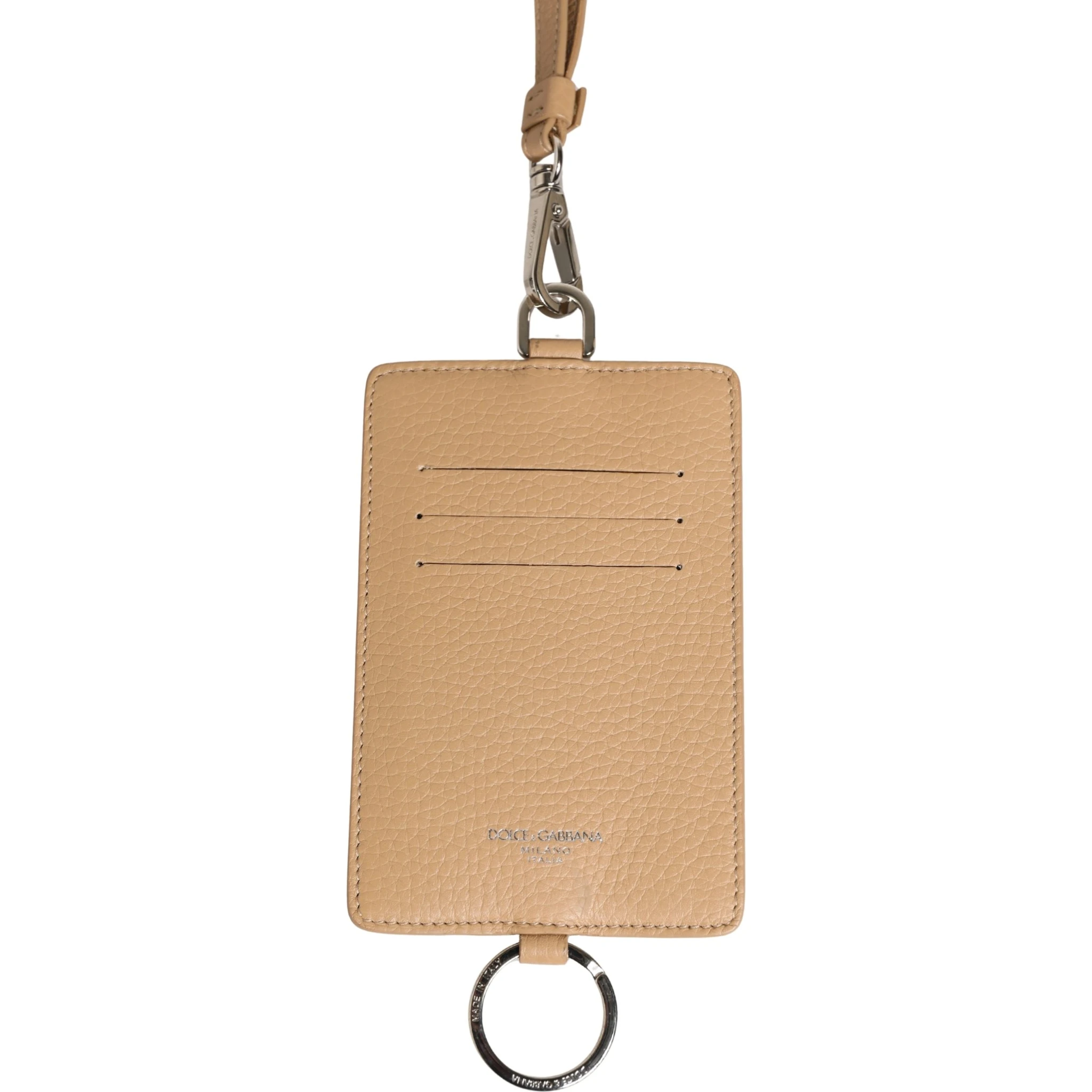 Beige Leather Logo Embossed Lanyard Card Holder Wallet