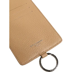 Beige Leather Logo Embossed Lanyard Card Holder Wallet