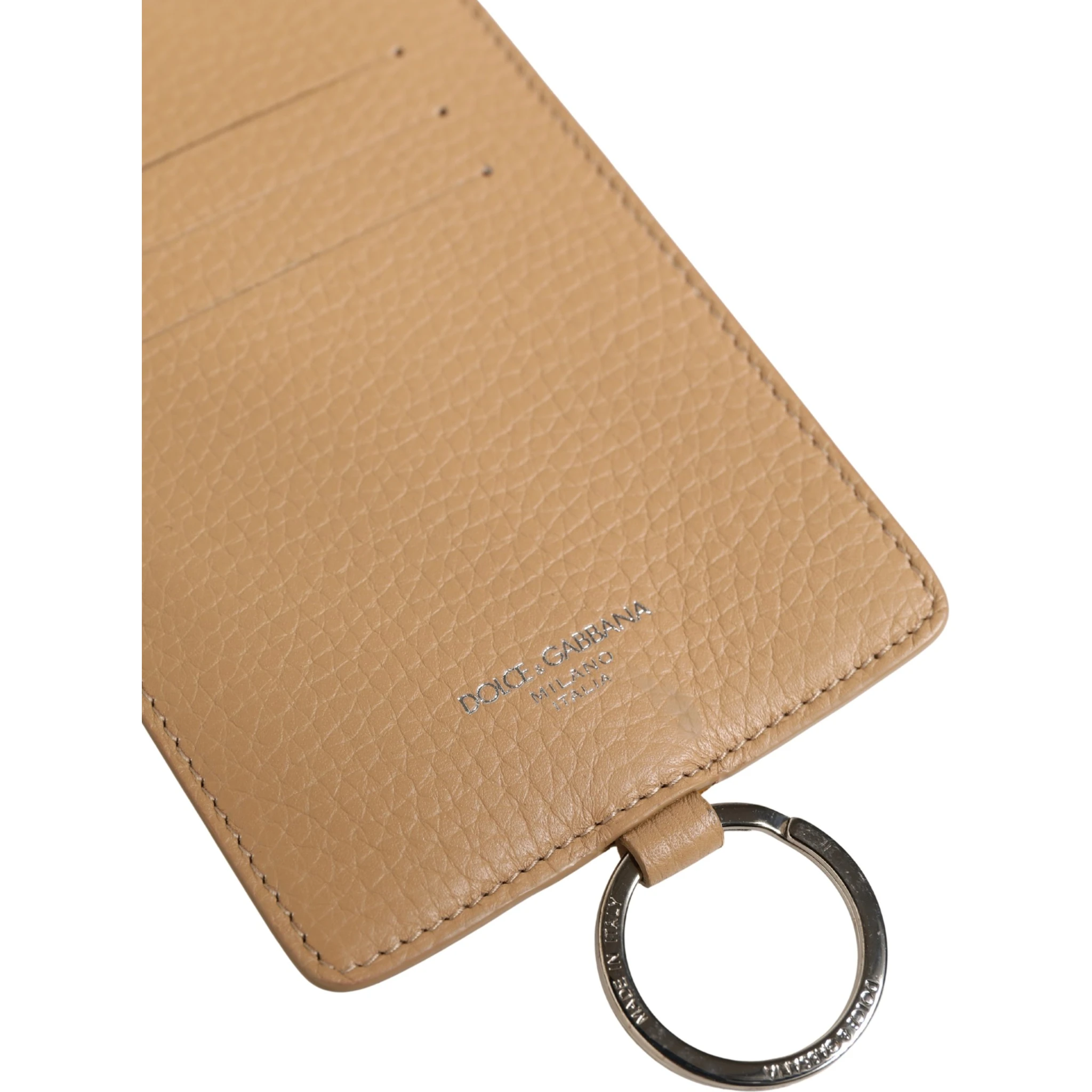 Beige Leather Logo Embossed Lanyard Card Holder Wallet
