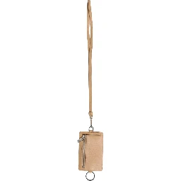 Beige Leather Logo Embossed Lanyard Card Holder Wallet