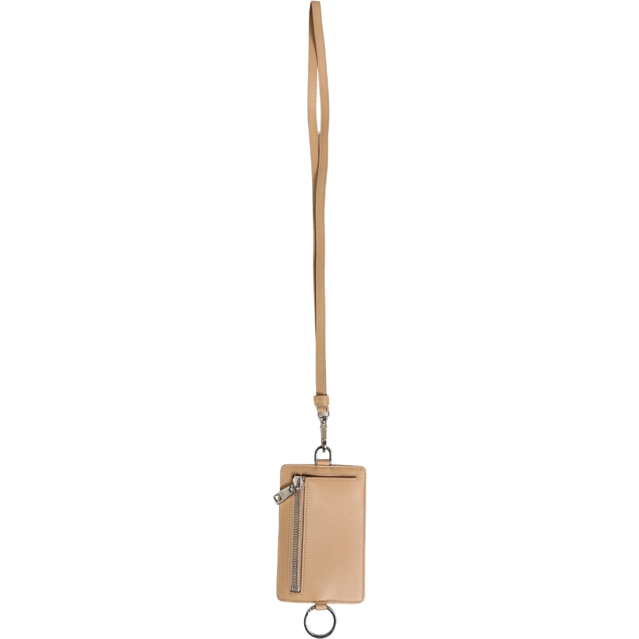 Beige Leather Logo Embossed Lanyard Card Holder Wallet