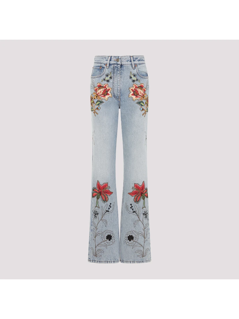 Valentino Denim 5 Pockets Embroidered Flowers Jeans