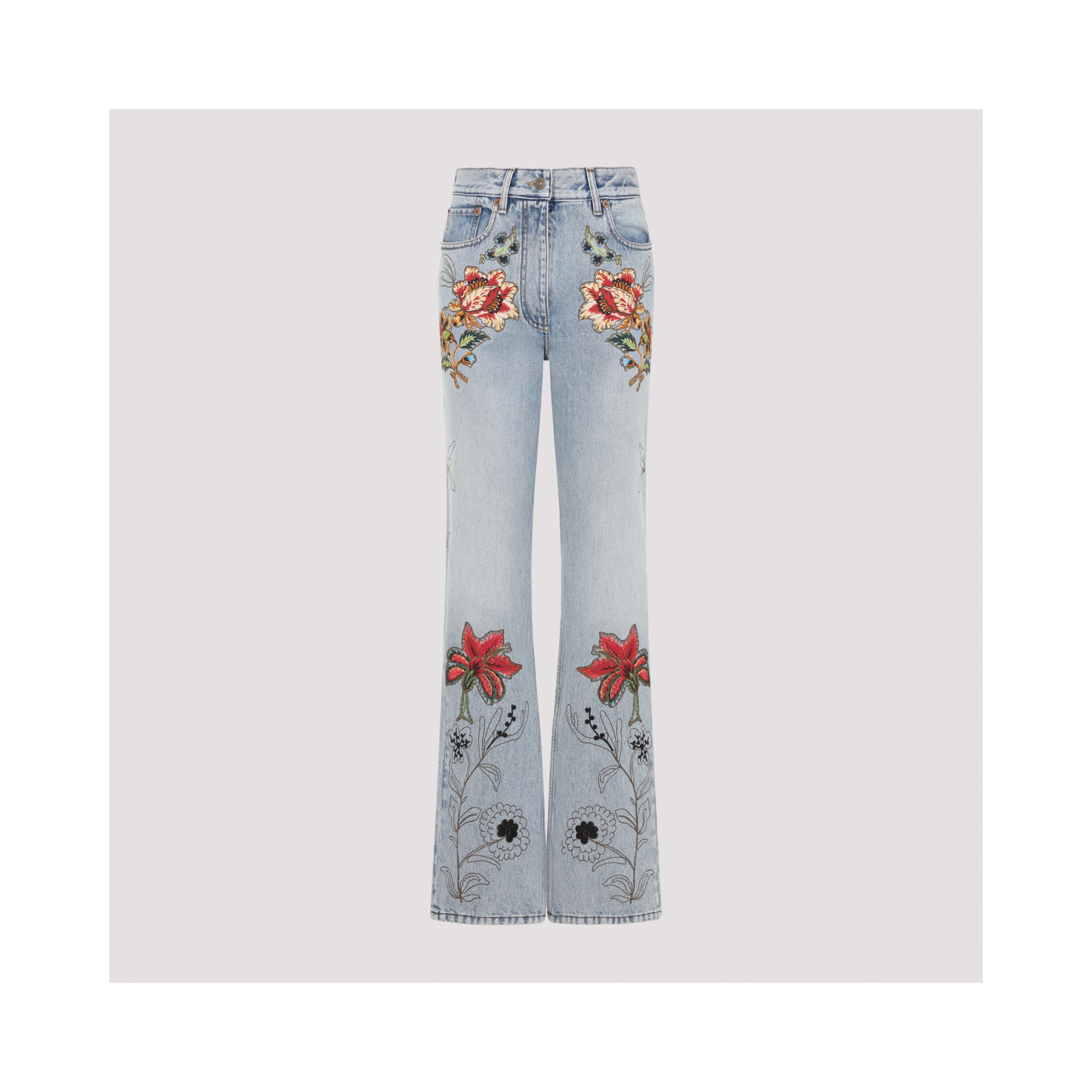 Valentino Denim 5 Pockets Embroidered Flowers Jeans