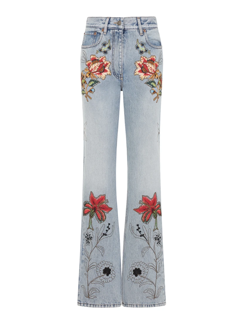 Valentino Denim 5 Pockets Embroidered Flowers Jeans