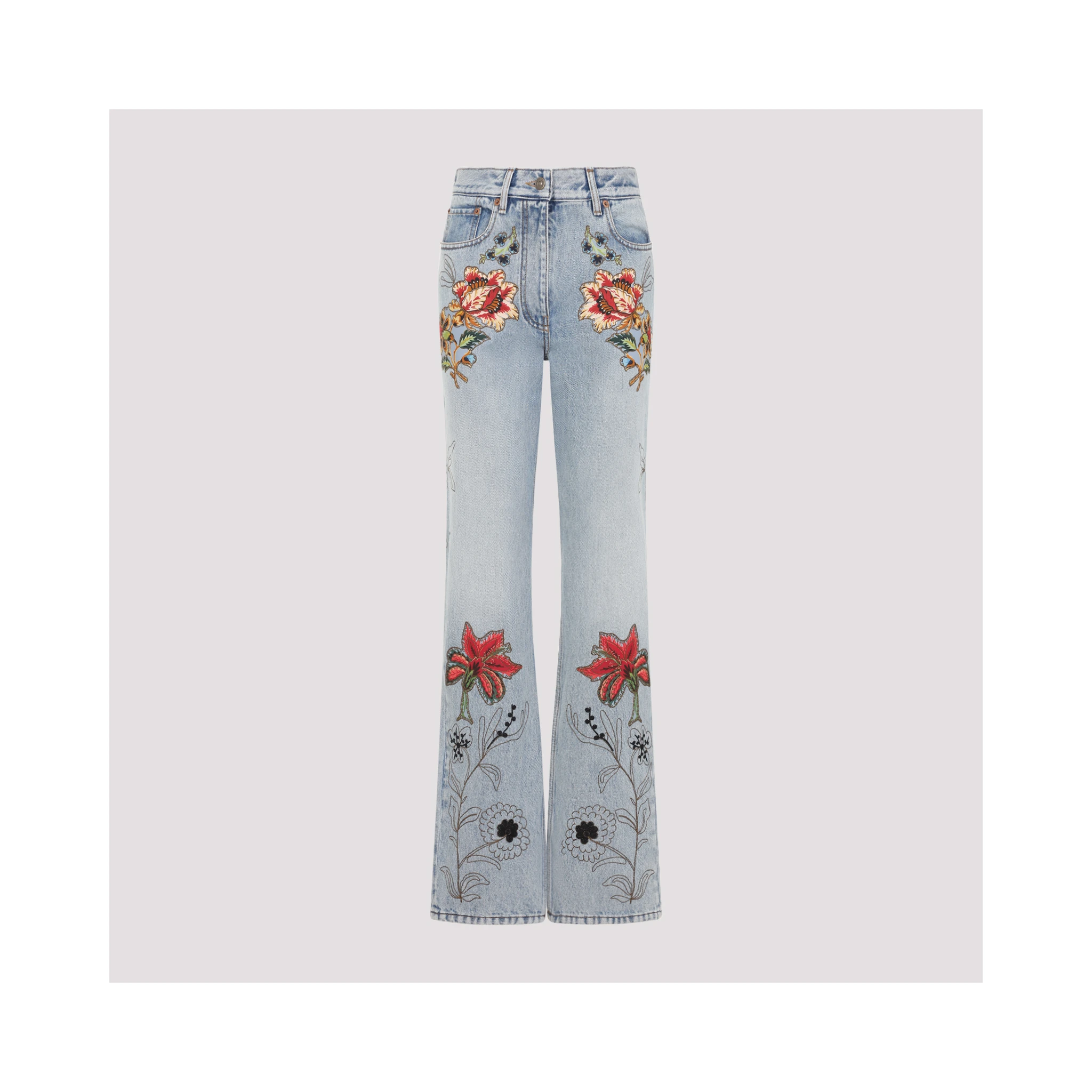 Valentino Denim 5 Pockets Embroidered Flowers Jeans