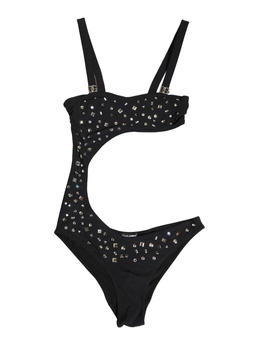 Black Embellished Cutout Bandeau One Piece Swimwear