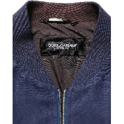 Blue Linen Full Zip Men Bomber Jacket