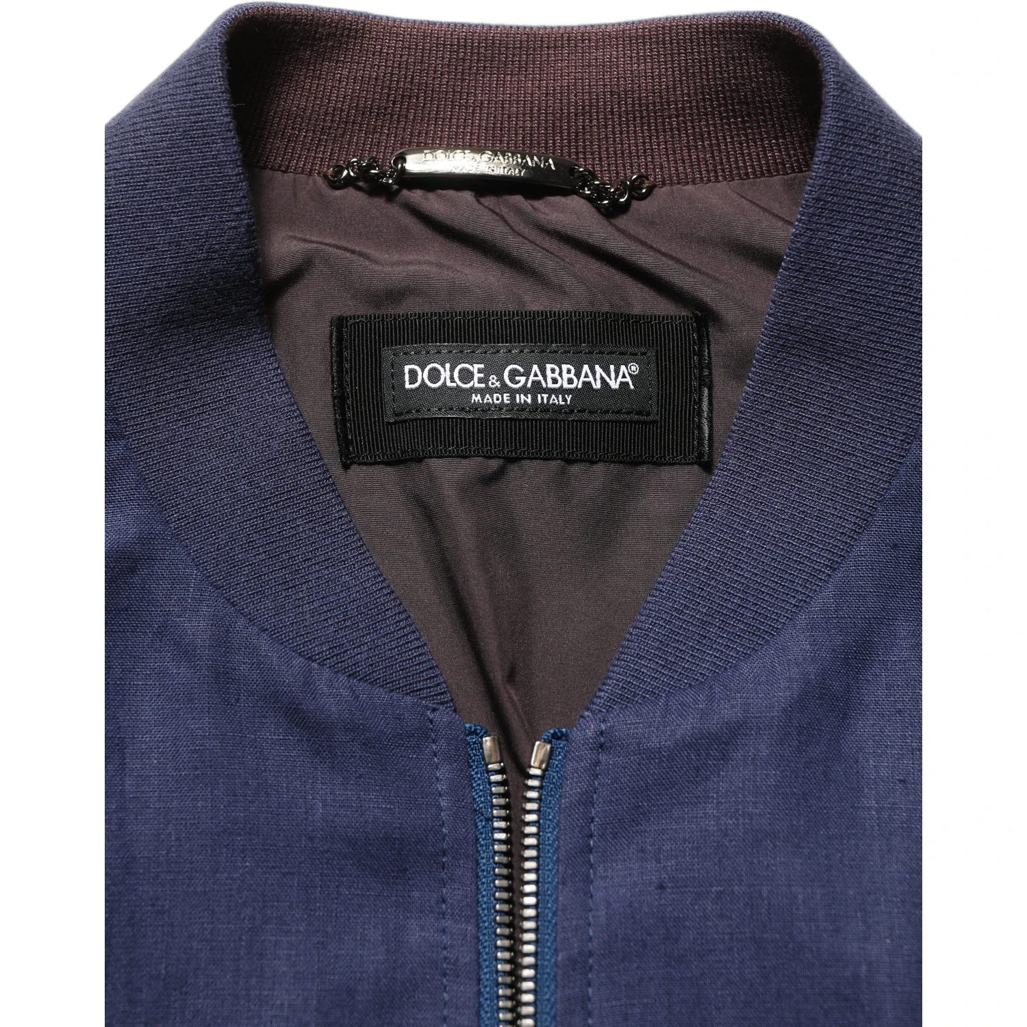 Blue Linen Full Zip Men Bomber Jacket