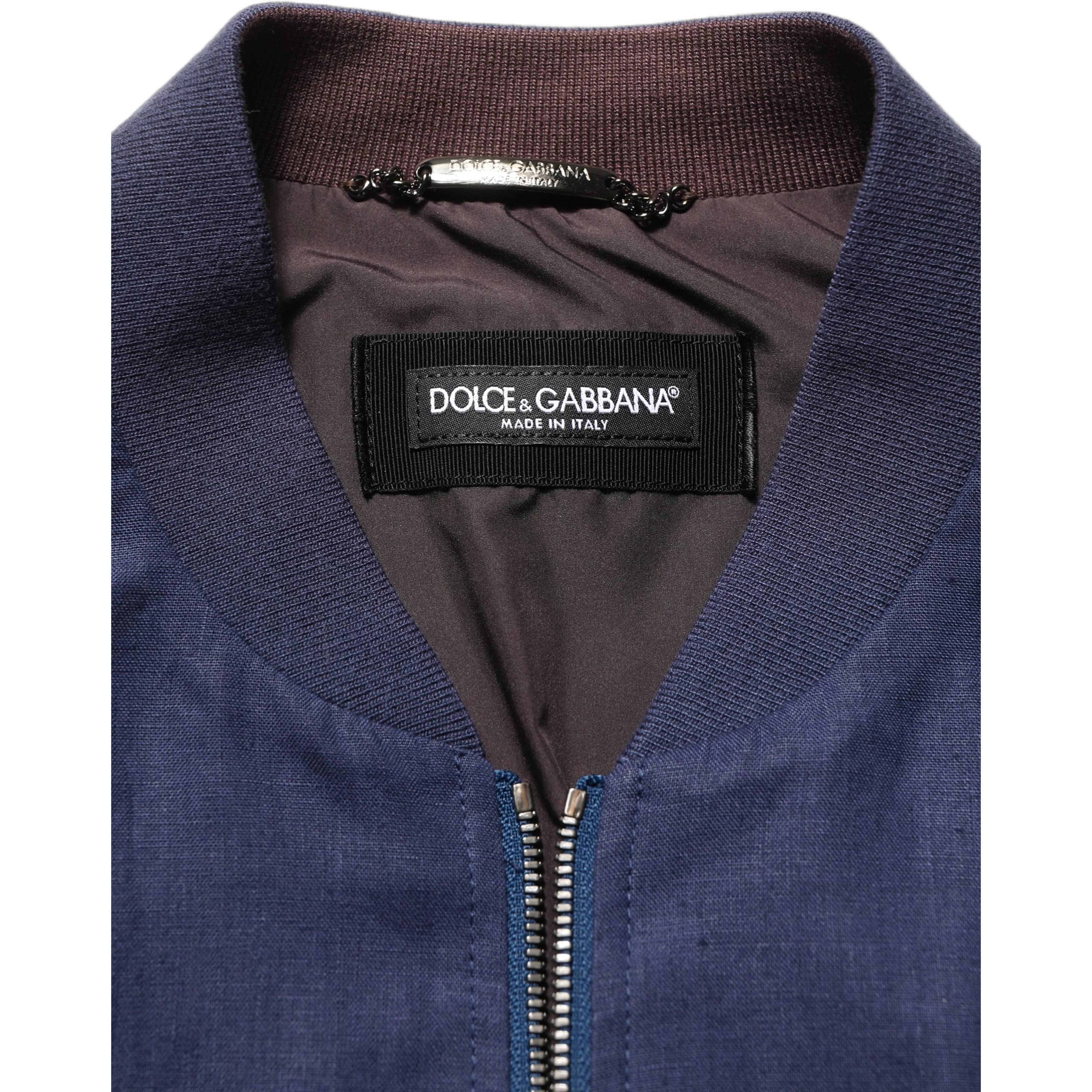 Blue Linen Full Zip Men Bomber Jacket