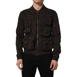 Brown Cotton Full Zip Men Bomber Jacket