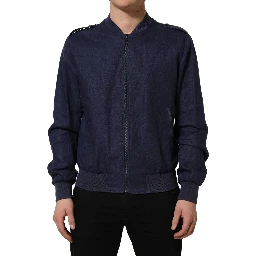 Blue Linen Full Zip Men Bomber Jacket