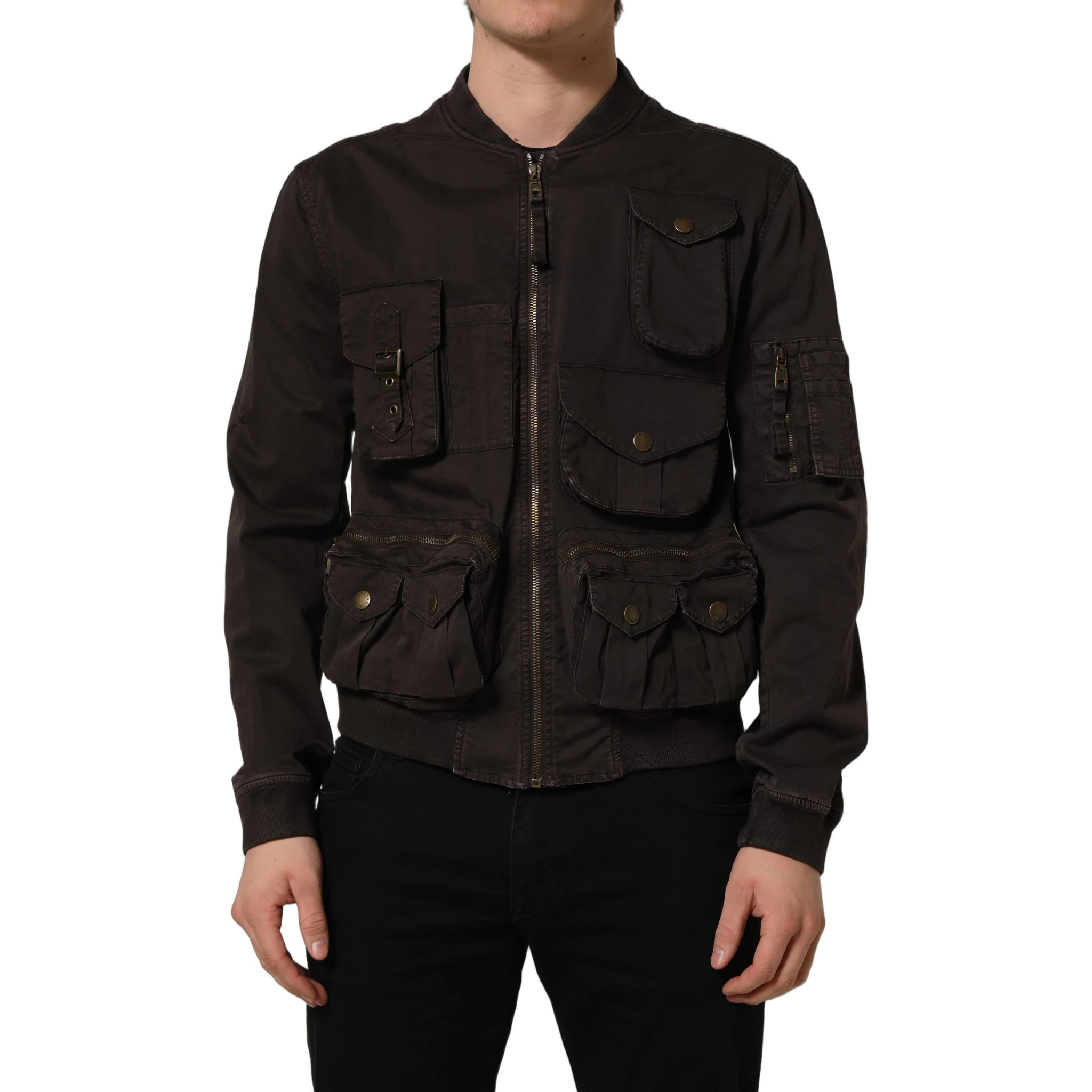 Brown Cotton Full Zip Men Bomber Jacket