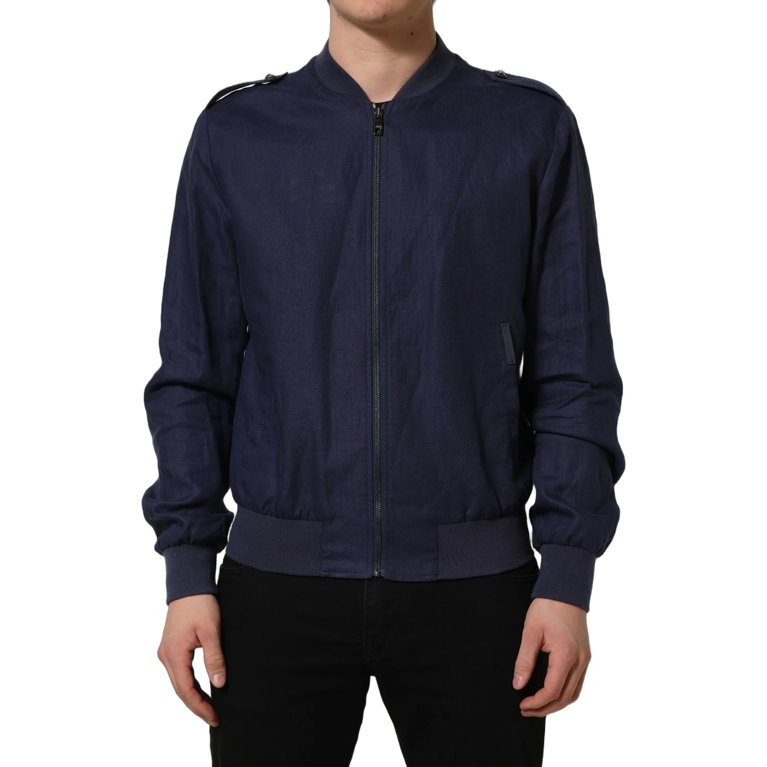 Blue Linen Full Zip Men Bomber Jacket