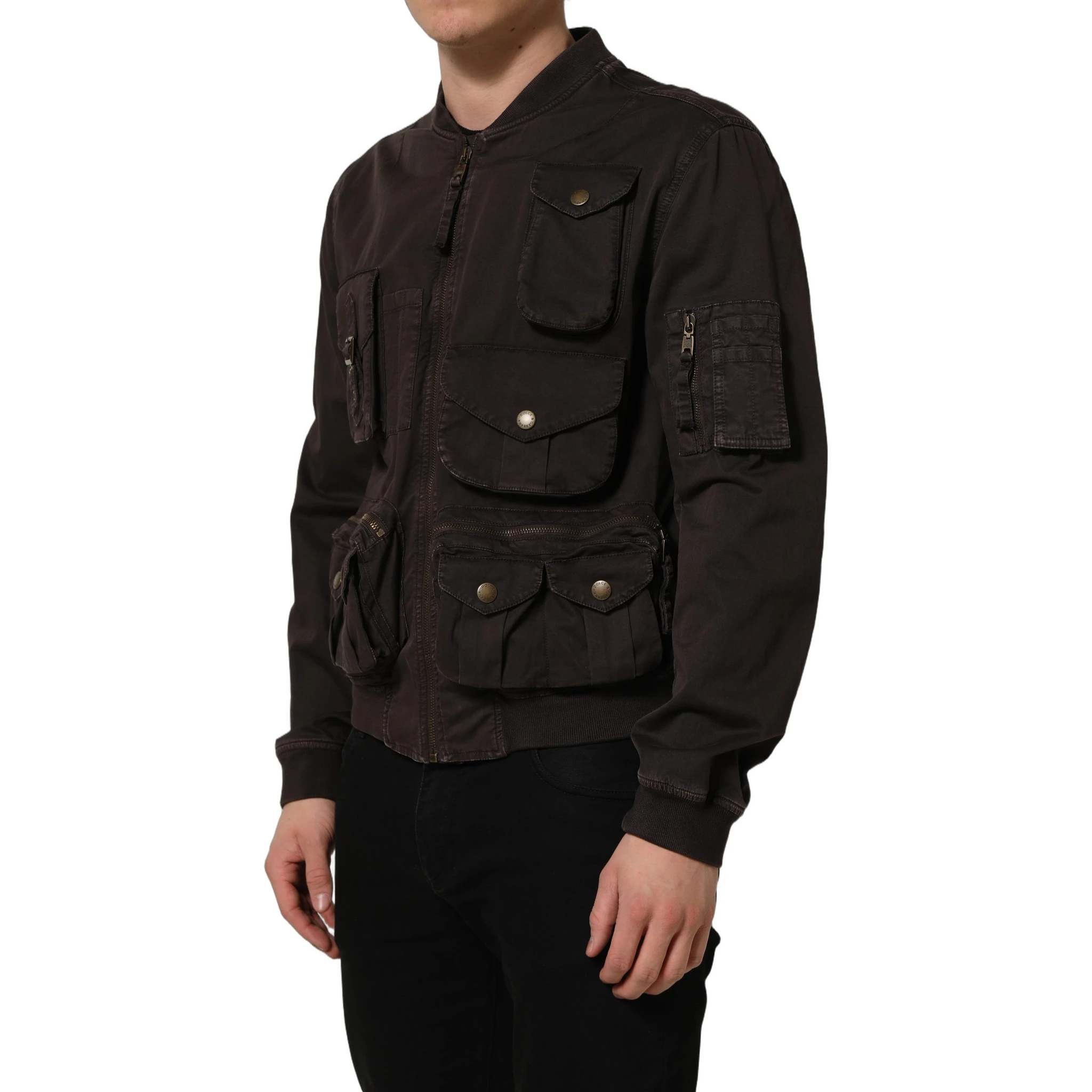 Brown Cotton Full Zip Men Bomber Jacket