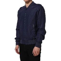 Blue Linen Full Zip Men Bomber Jacket