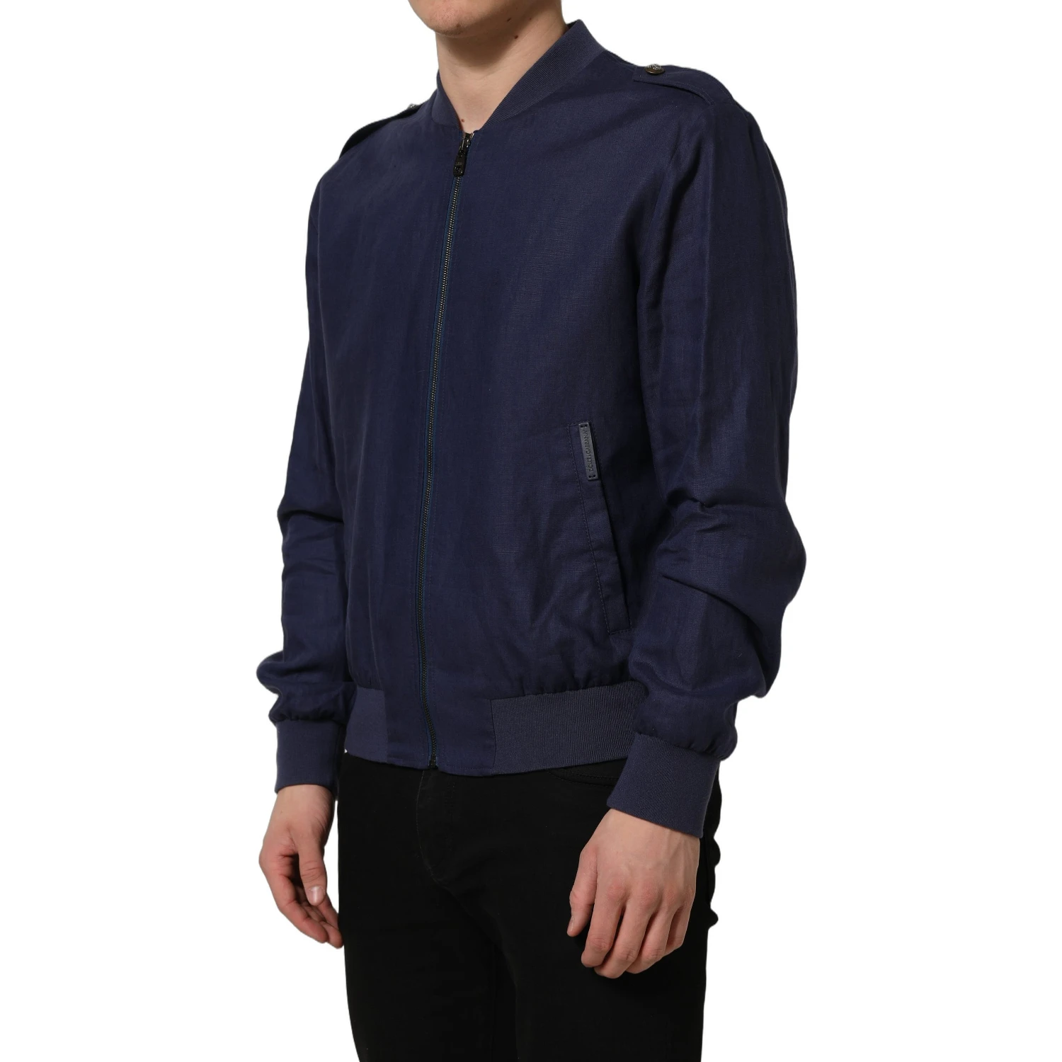 Blue Linen Full Zip Men Bomber Jacket