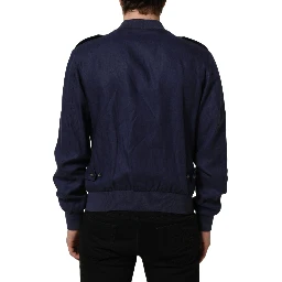 Blue Linen Full Zip Men Bomber Jacket