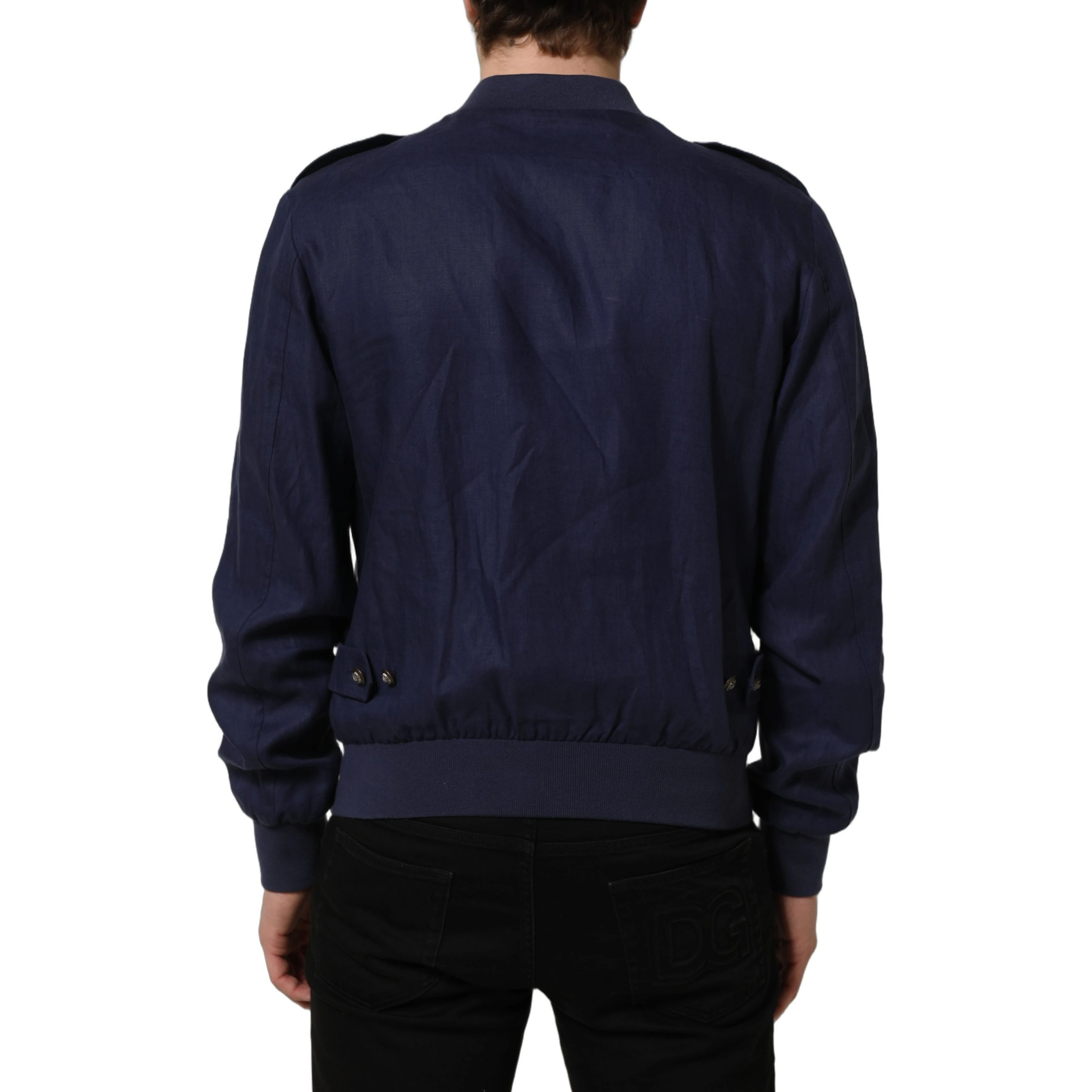 Blue Linen Full Zip Men Bomber Jacket
