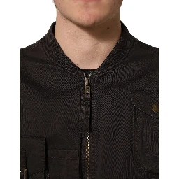 Brown Cotton Full Zip Men Bomber Jacket