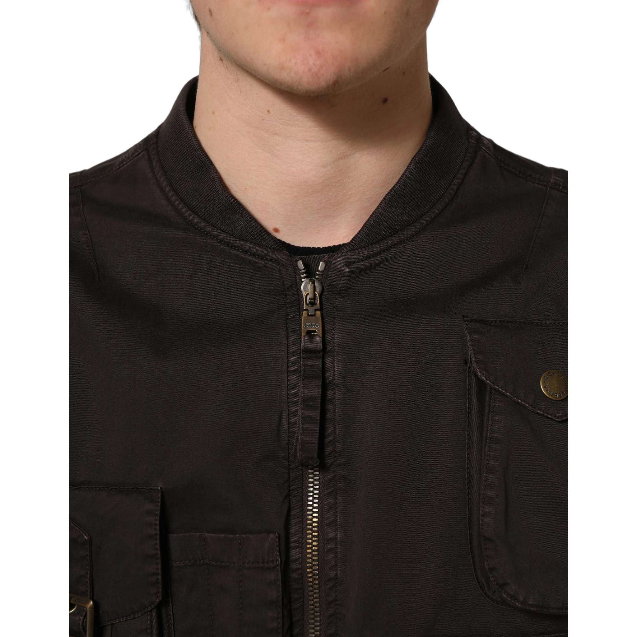 Brown Cotton Full Zip Men Bomber Jacket