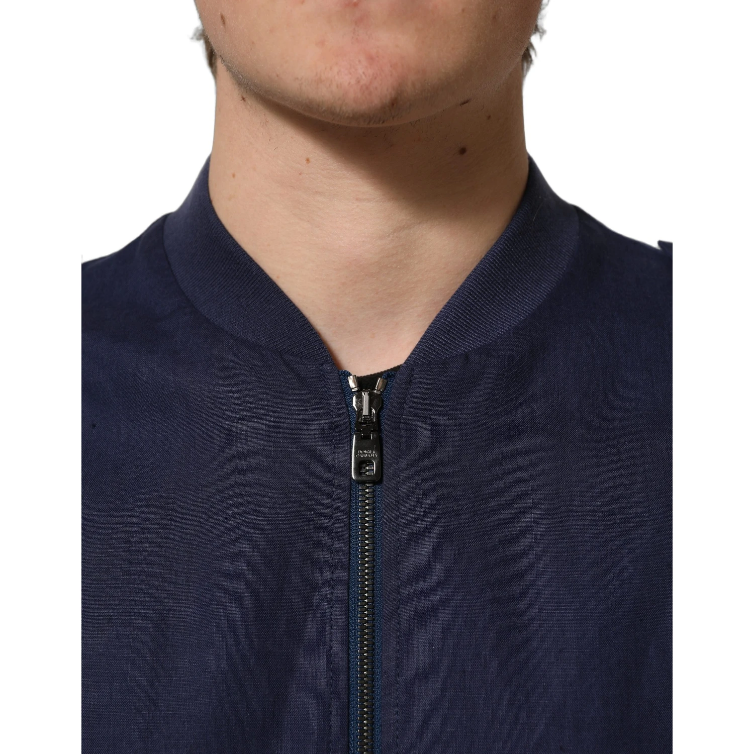 Blue Linen Full Zip Men Bomber Jacket