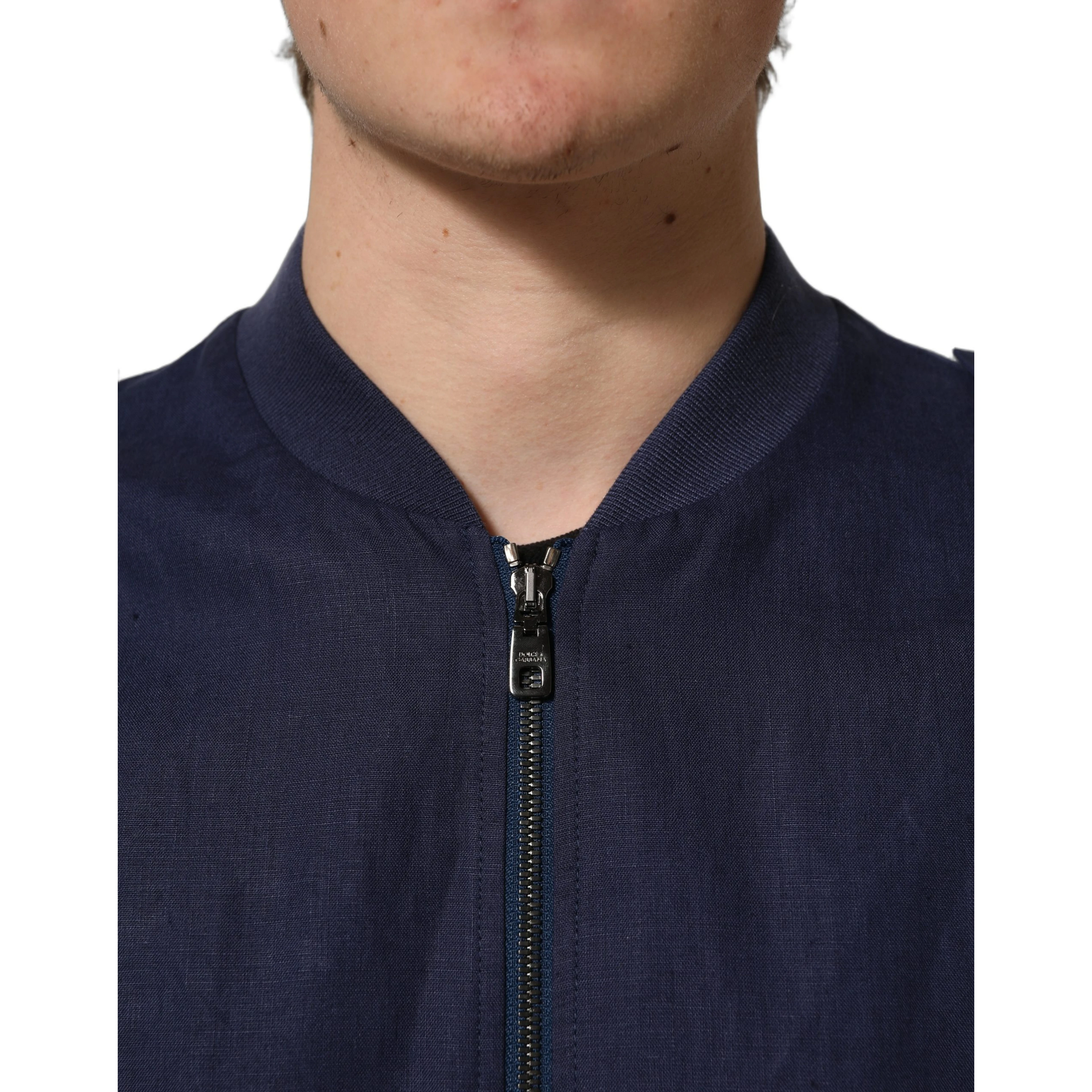 Blue Linen Full Zip Men Bomber Jacket