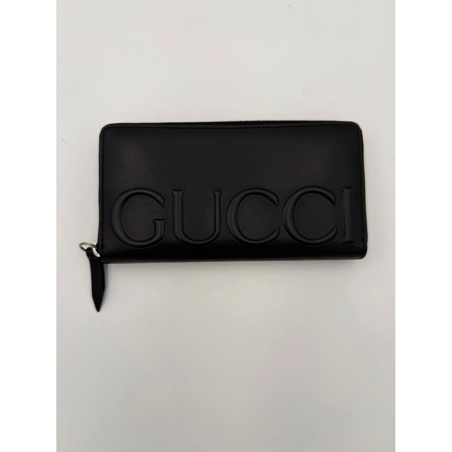 GUCCI Zip Black Front Logo Embossed Wallet
