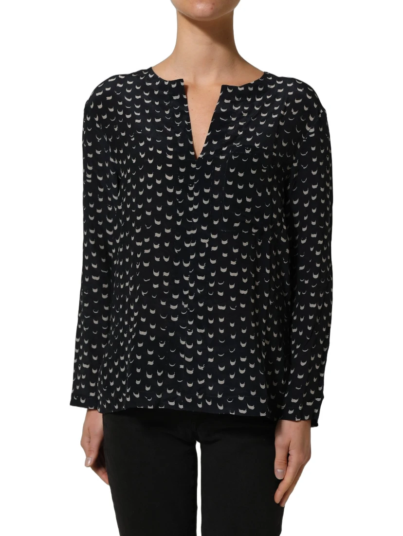 Black SIlk Long Sleeves Deep V-neck Blouse Top