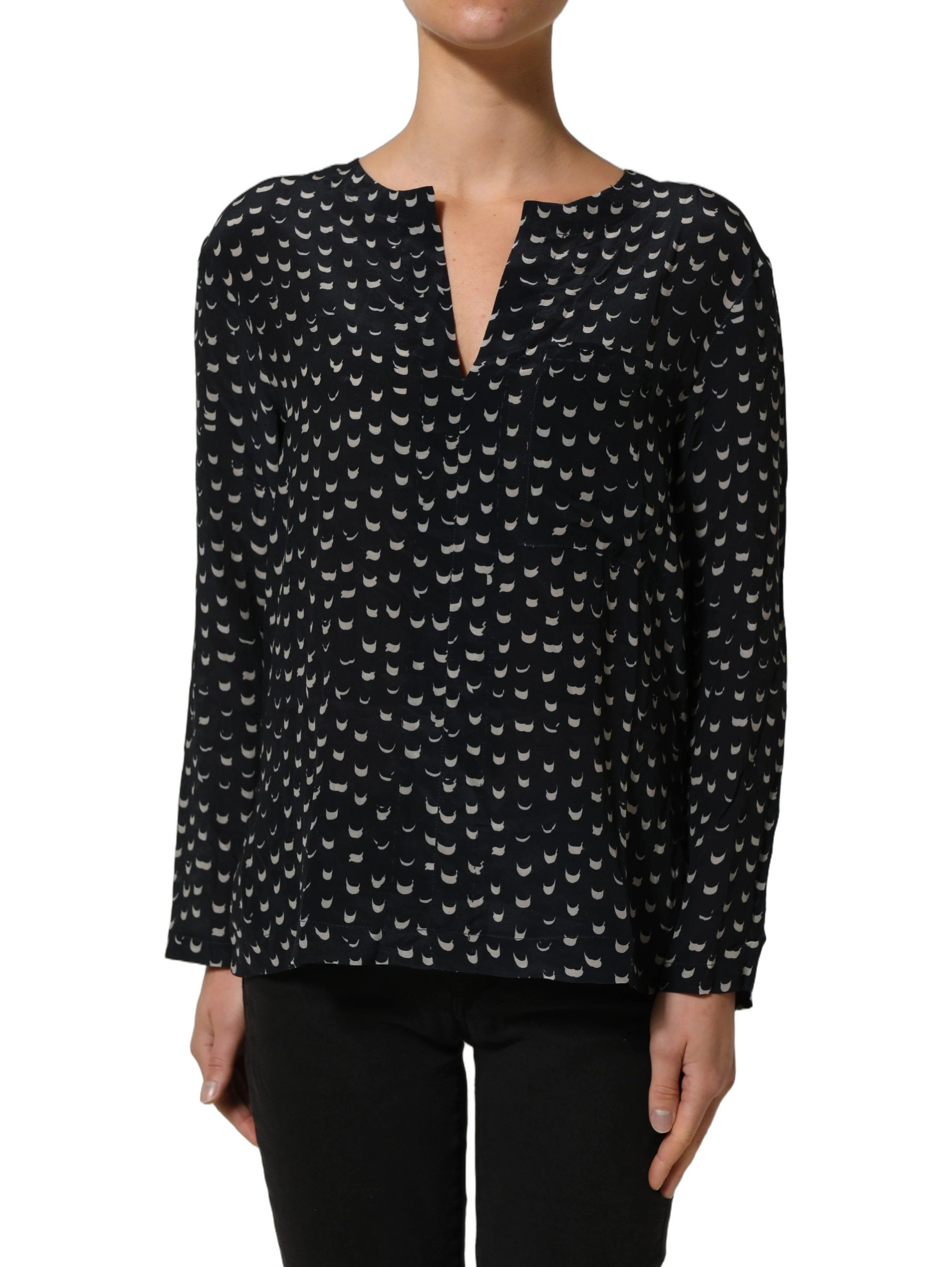 Black SIlk Long Sleeves Deep V-neck Blouse Top