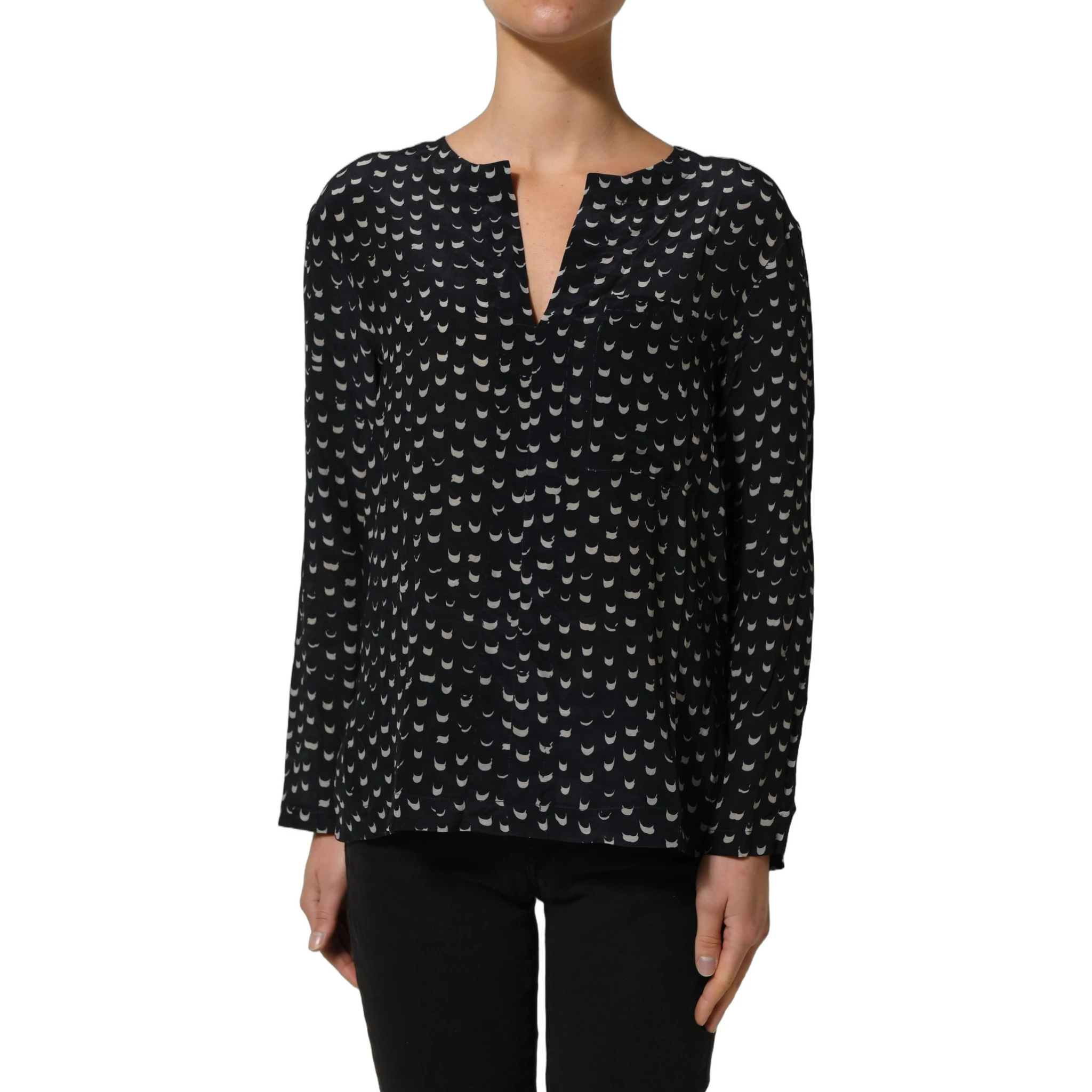 Black SIlk Long Sleeves Deep V-neck Blouse Top