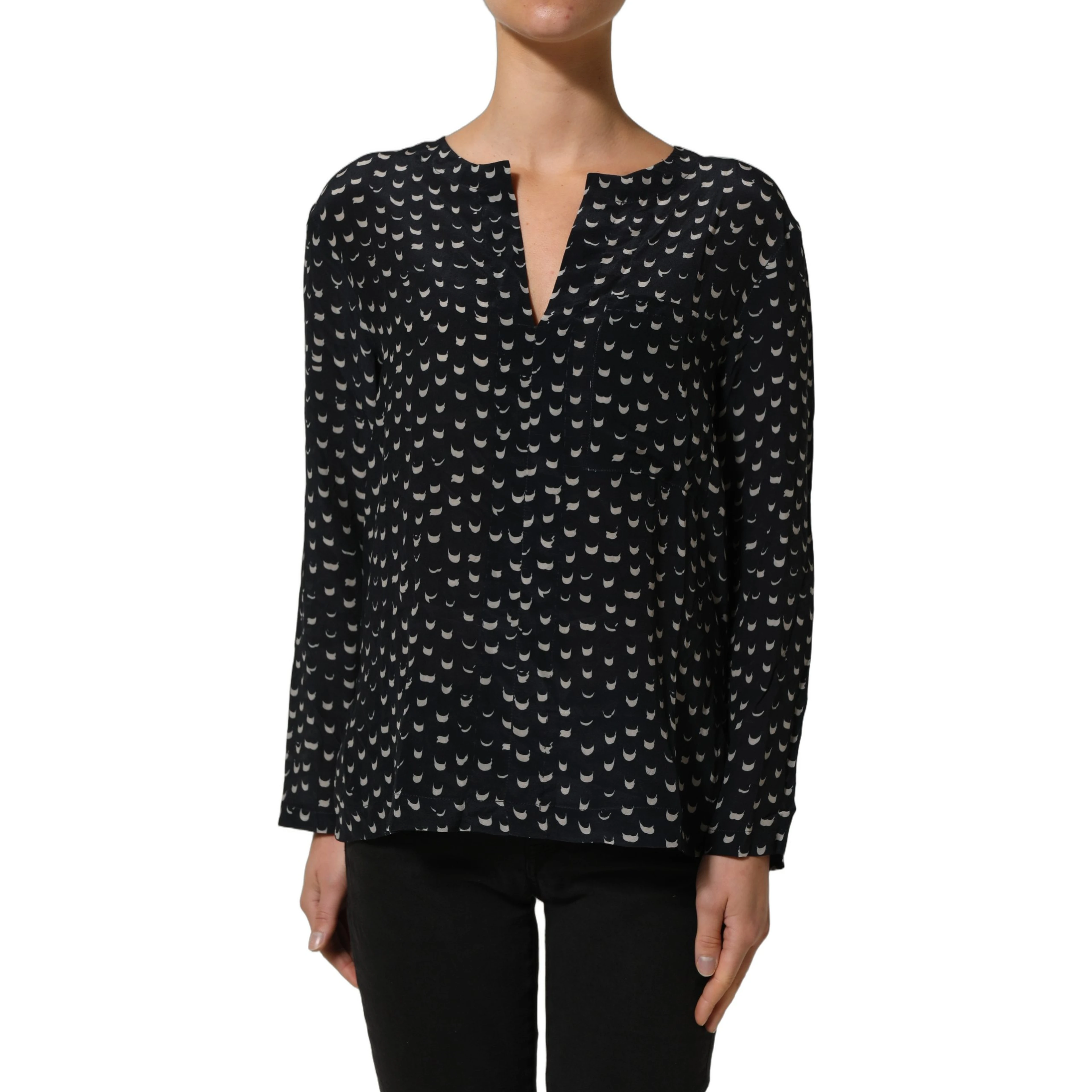 Black SIlk Long Sleeves Deep V-neck Blouse Top