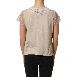 Beige Cotton Lace Detailing Round Neck Top