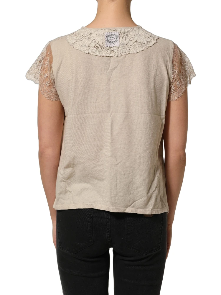 Beige Cotton Lace Detailing Round Neck Top
