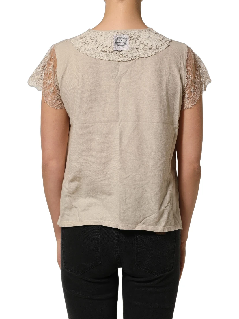 Beige Cotton Lace Detailing Round Neck Top