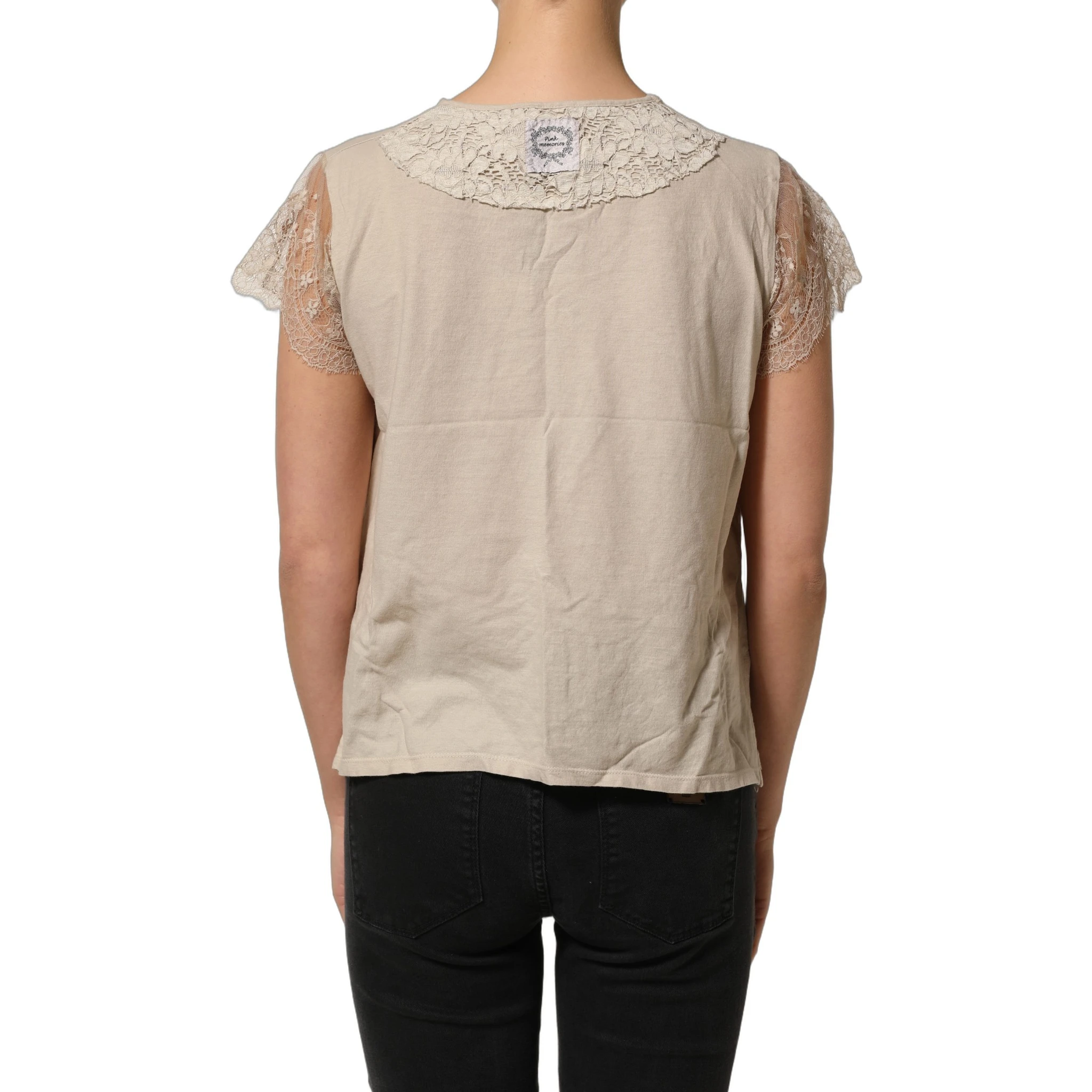 Beige Cotton Lace Detailing Round Neck Top