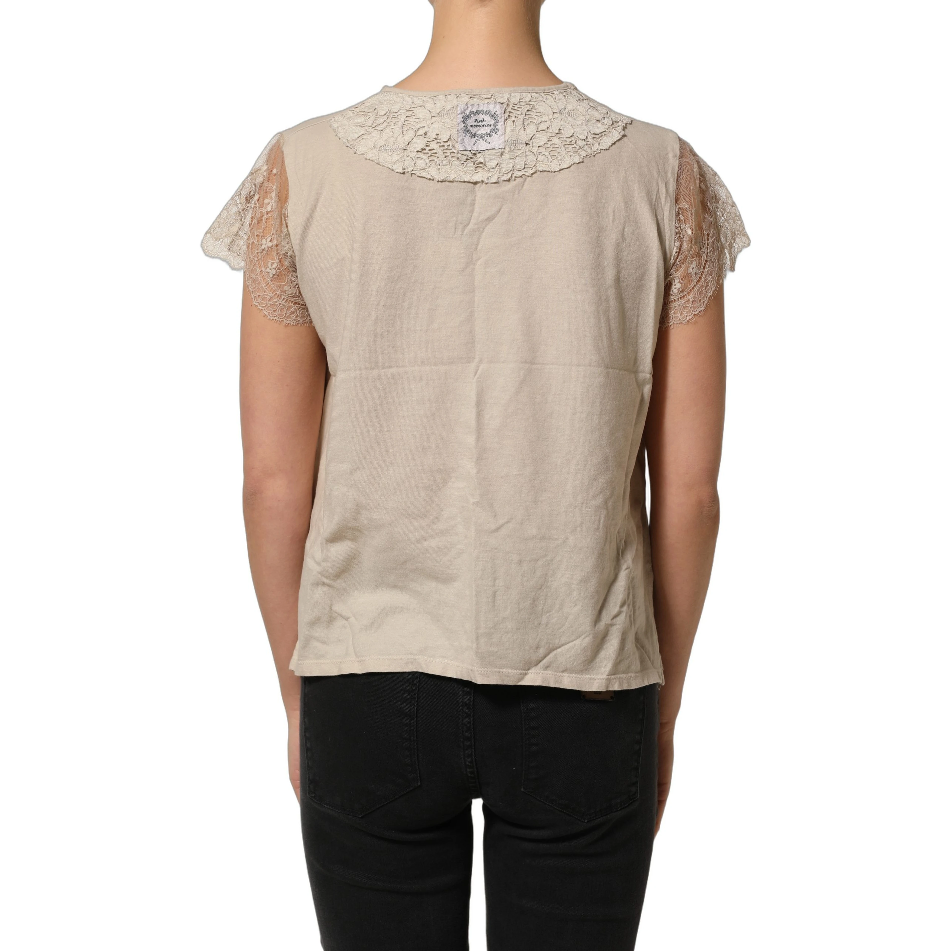 Beige Cotton Lace Detailing Round Neck Top