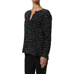 Black SIlk Long Sleeves Deep V-neck Blouse Top