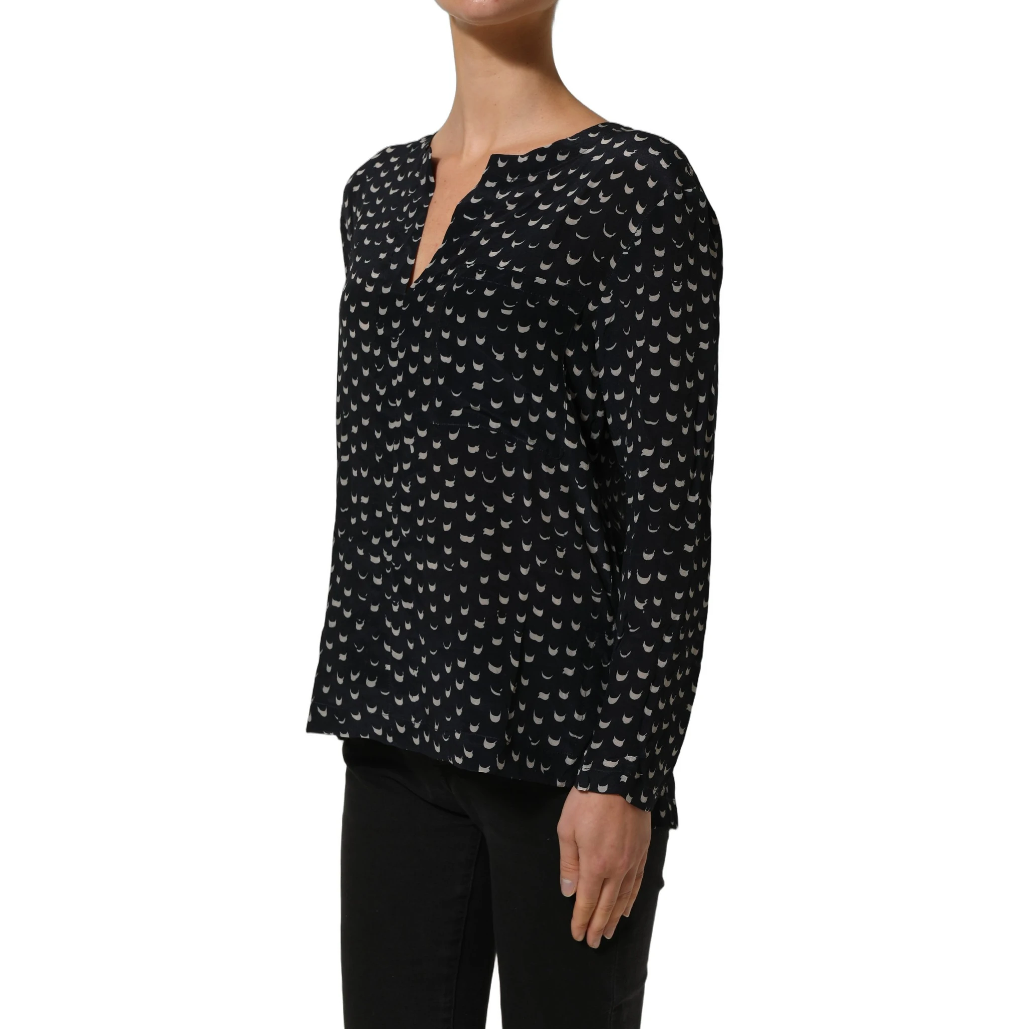Black SIlk Long Sleeves Deep V-neck Blouse Top