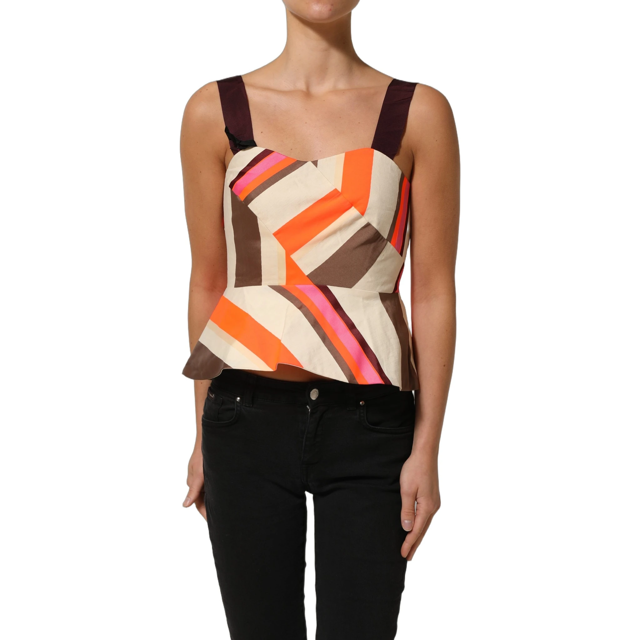Multicolor Striped Cotton Sleeveless Draped Peplum Top
